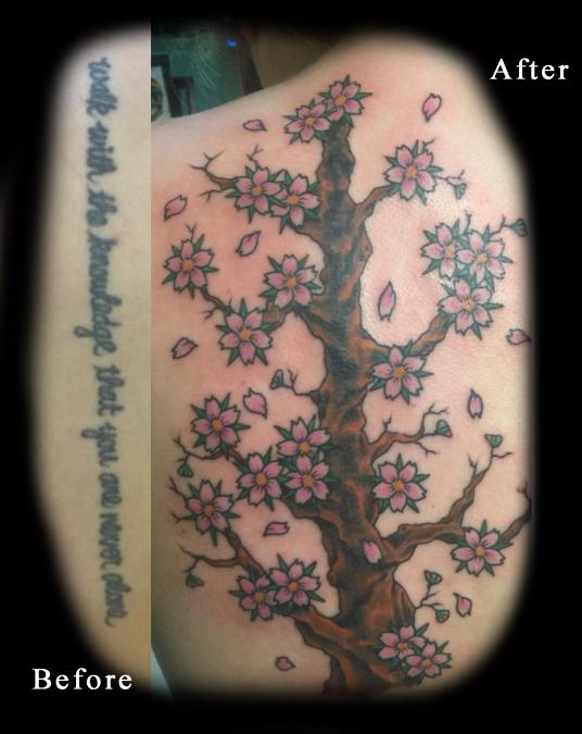 Tattoo Columbus Ohio Billy Hill - Tattoo Quote cover up with Cherry Blossom Tree